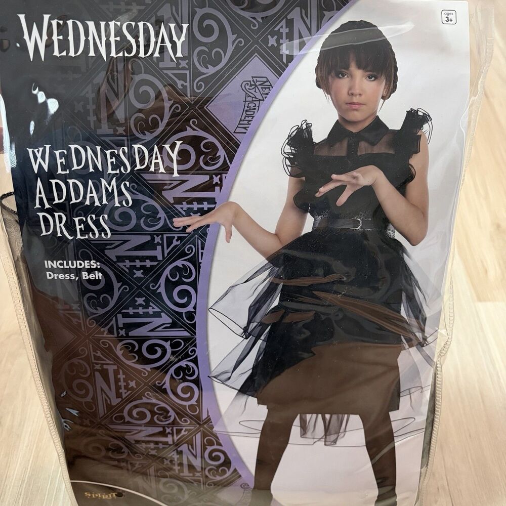 Spirit Wednesday Addams Girls Dress Costume Size Large 12/14 Black w/ Belt
